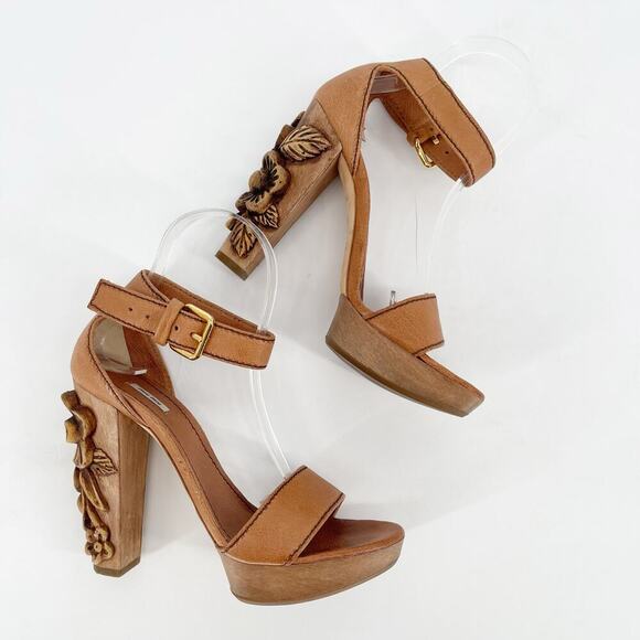 Miu Miu Vintage Camel Tan Floral Flower Carved Wood Heel Platform Sandal IT 37.5 - Picture 4 of 12